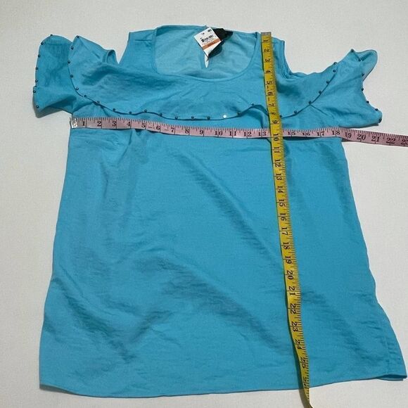 JM Collection Cold Shoulder Studded Top Short Sleeves‎ Ruffles Bright Blue Small - Picture 4 of 12